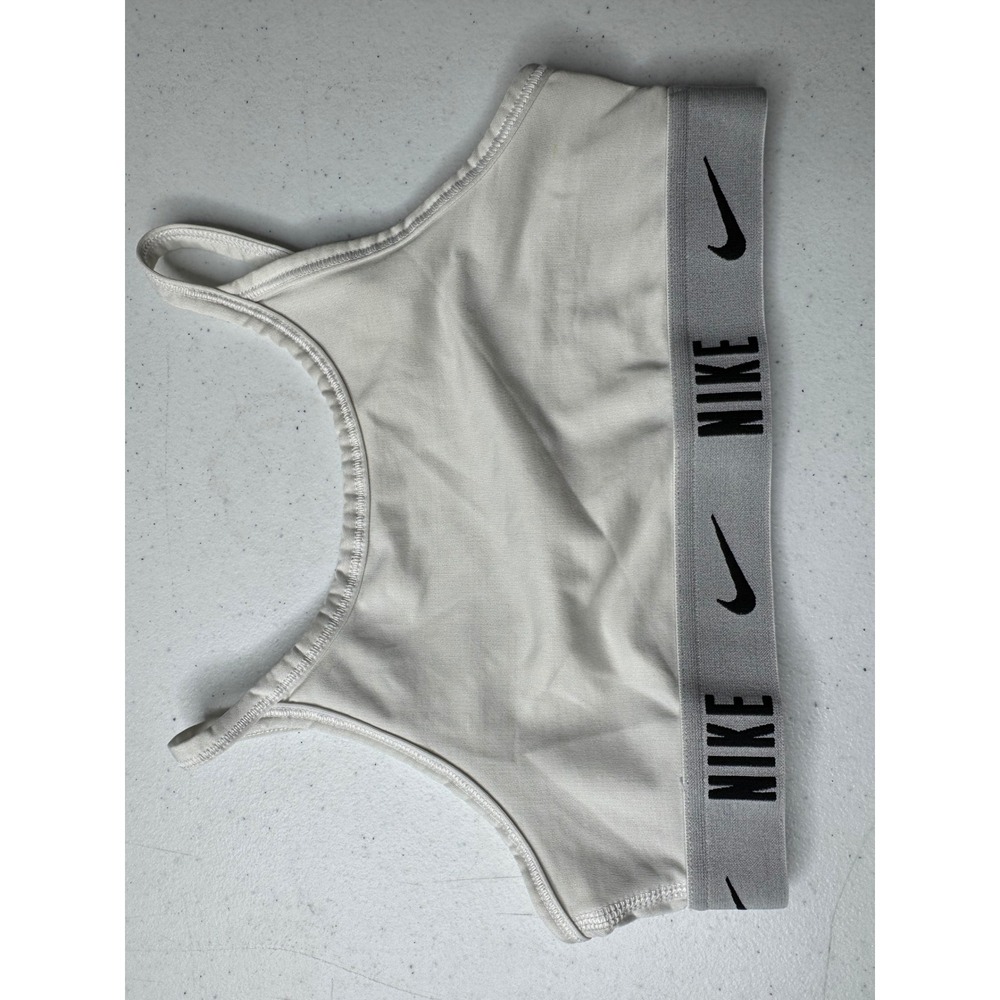 Nike Girls Dri-FIT Trophy Sports Bra White Grey Elastic Logo Band Size Small